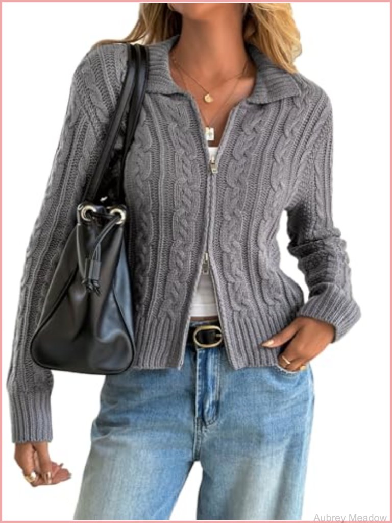 Vintage Chunky Cable Knit Crop Cardigan Zip Up Y2k Sweater